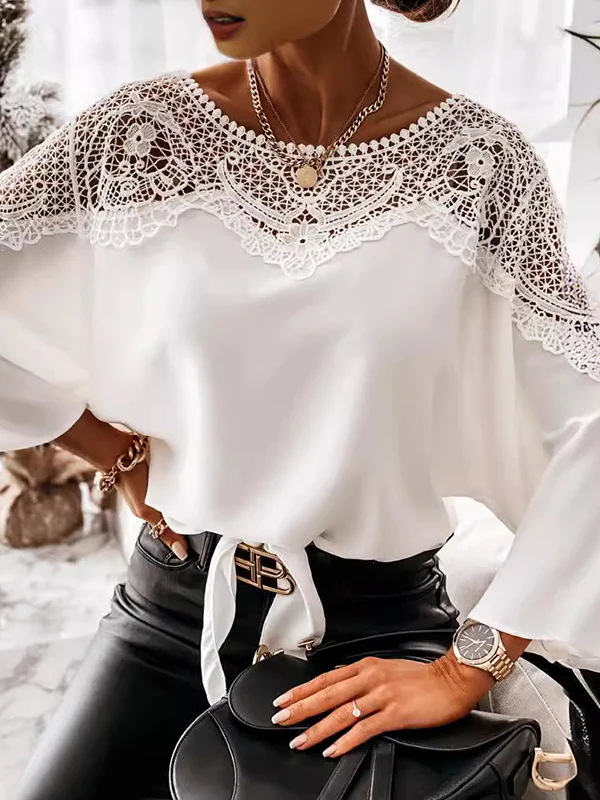 Long Sleeves Loose Solid Color Split-Joint Round-Neck Blouses&Shirts Tops - Image 8
