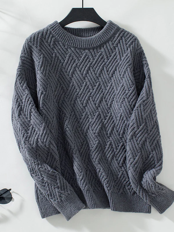 Long Sleeves Loose Solid Color Split-Joint Round-Neck Pullovers Sweater Tops - Image 10