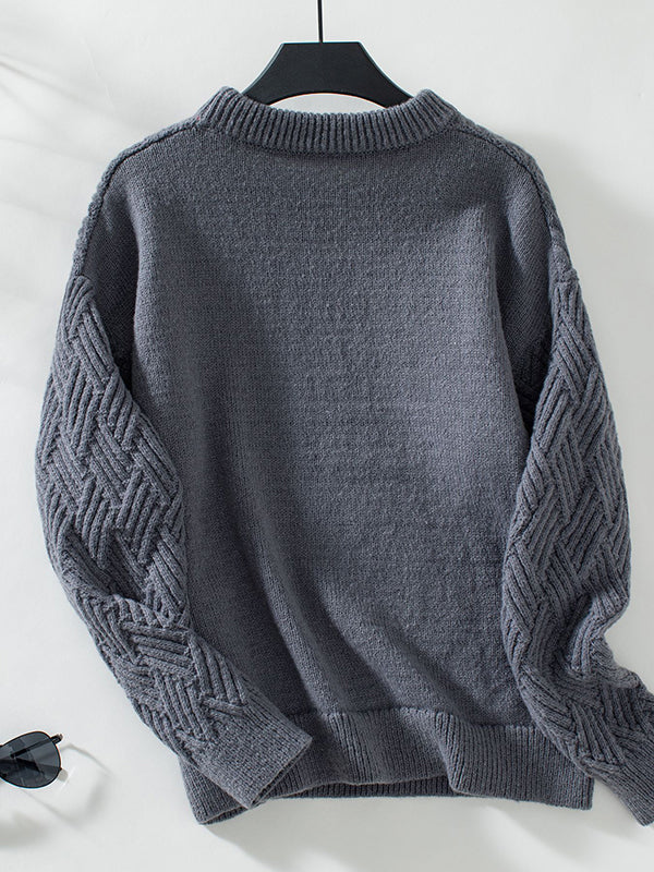 Long Sleeves Loose Solid Color Split-Joint Round-Neck Pullovers Sweater Tops - Image 11