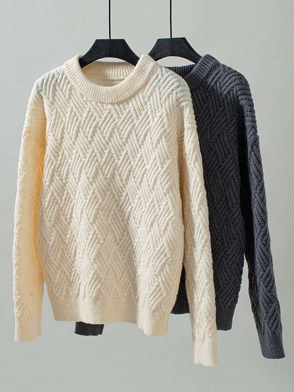 Long Sleeves Loose Solid Color Split-Joint Round-Neck Pullovers Sweater Tops - Image 7