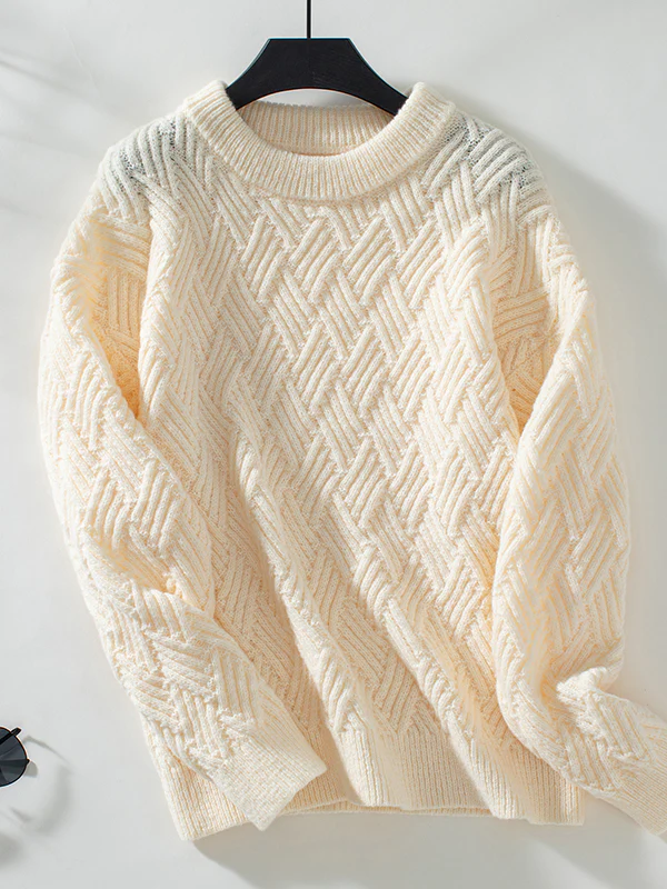 Long Sleeves Loose Solid Color Split-Joint Round-Neck Pullovers Sweater Tops - Image 8