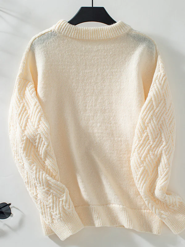 Long Sleeves Loose Solid Color Split-Joint Round-Neck Pullovers Sweater Tops - Image 9