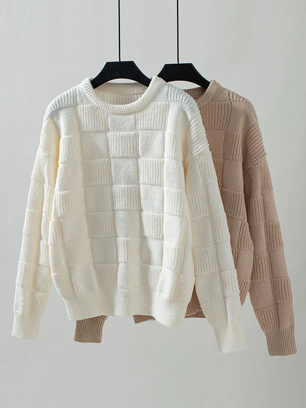 Long Sleeves Loose Solid Color Split-Joint Round-Neck Pullovers Sweater Tops - Image 7