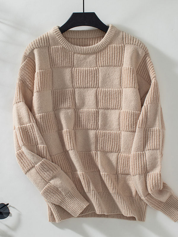 Long Sleeves Loose Solid Color Split-Joint Round-Neck Pullovers Sweater Tops - Image 8