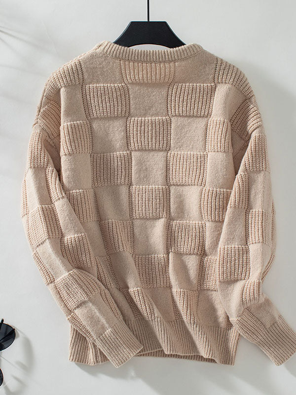 Long Sleeves Loose Solid Color Split-Joint Round-Neck Pullovers Sweater Tops - Image 9