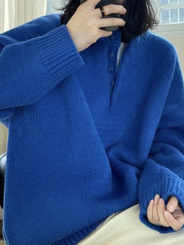 Long Sleeves Loose Solid Color Split-Joint Round-Neck Sweater Tops - Image 2