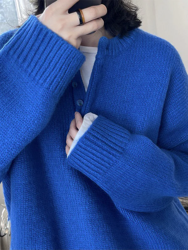 Long Sleeves Loose Solid Color Split-Joint Round-Neck Sweater Tops - Image 3