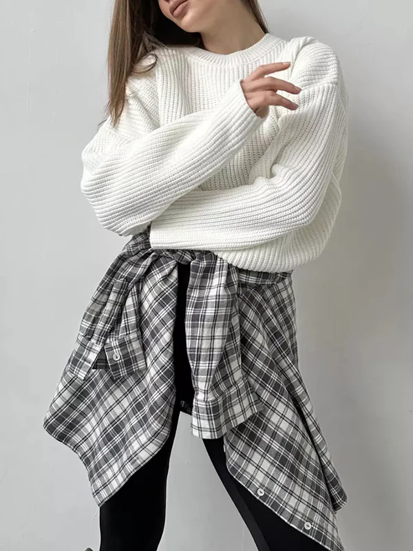 Long Sleeves Loose Solid Color Split-Joint Round-Neck Sweater Tops - Image 10