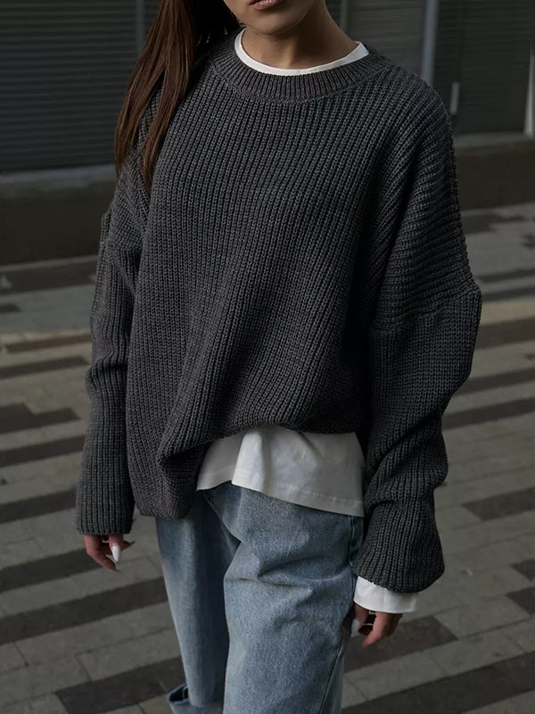 Long Sleeves Loose Solid Color Split-Joint Round-Neck Sweater Tops - Image 11