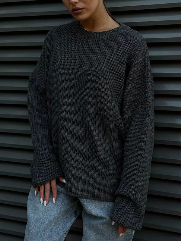 Long Sleeves Loose Solid Color Split-Joint Round-Neck Sweater Tops - Image 12