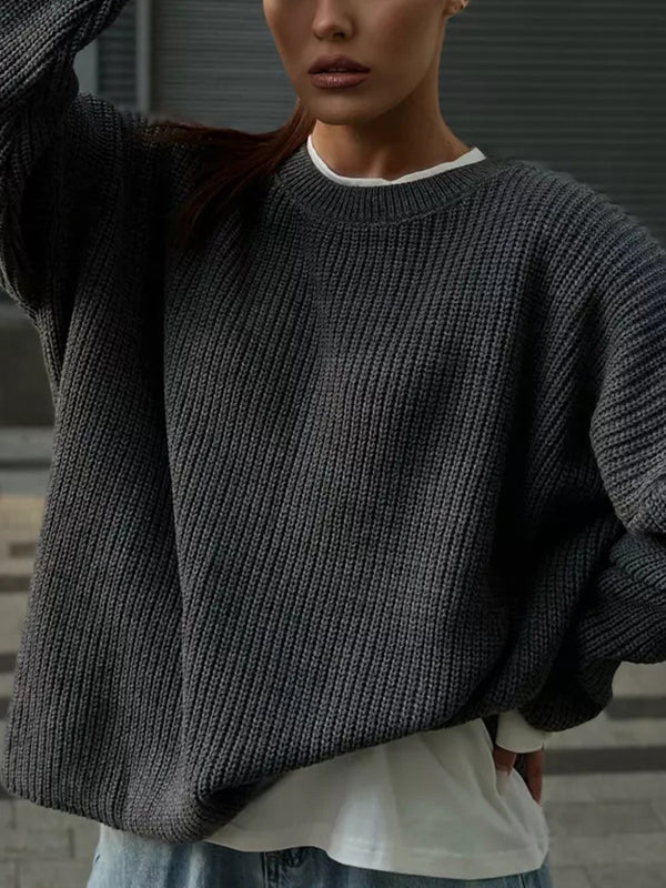 Long Sleeves Loose Solid Color Split-Joint Round-Neck Sweater Tops - Image 13