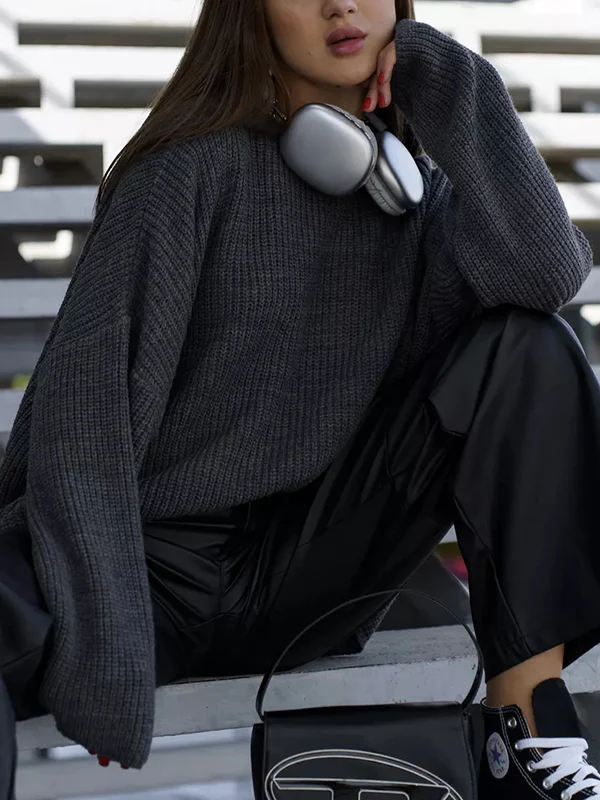 Long Sleeves Loose Solid Color Split-Joint Round-Neck Sweater Tops - Image 14