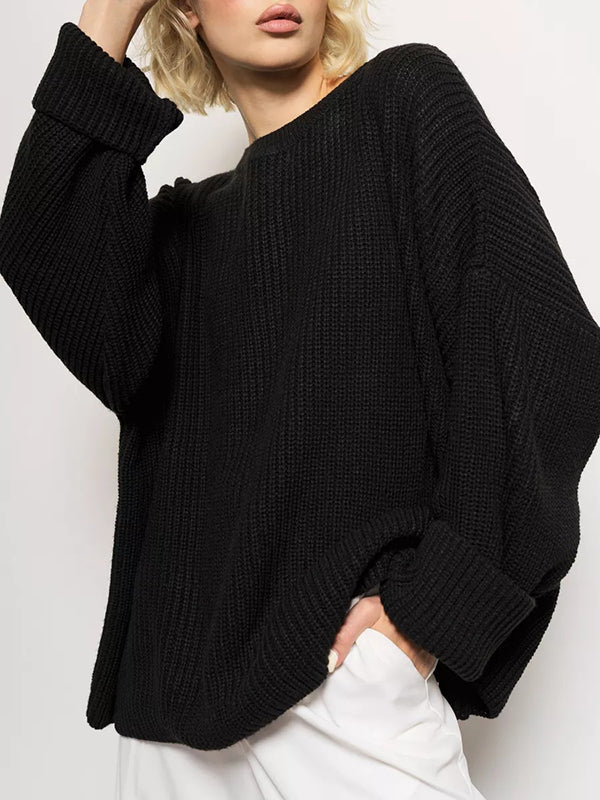 Long Sleeves Loose Solid Color Split-Joint Round-Neck Sweater Tops - Image 15