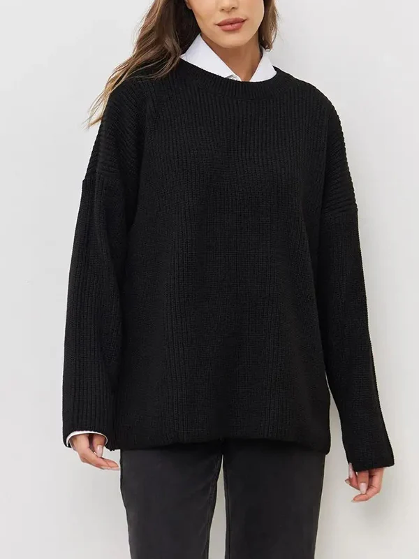 Long Sleeves Loose Solid Color Split-Joint Round-Neck Sweater Tops - Image 16