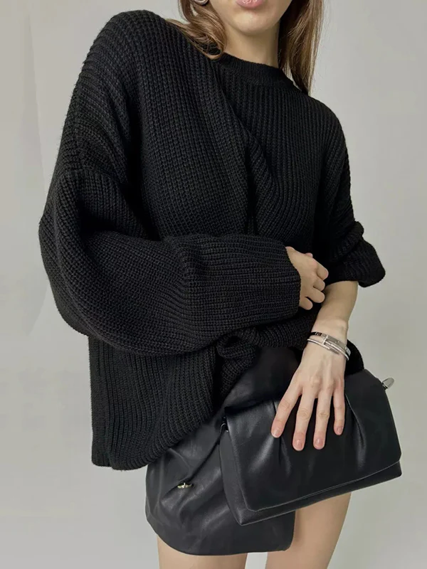 Long Sleeves Loose Solid Color Split-Joint Round-Neck Sweater Tops - Image 17