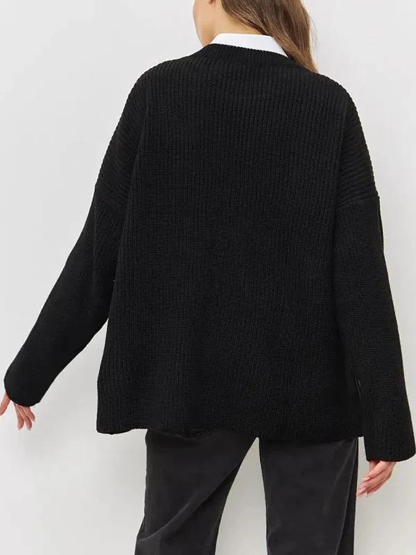 Long Sleeves Loose Solid Color Split-Joint Round-Neck Sweater Tops - Image 19