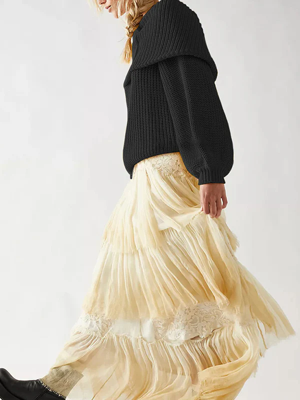 Long Sleeves Loose Solid Color Split-Joint Round-Neck Sweater Tops - Image 7