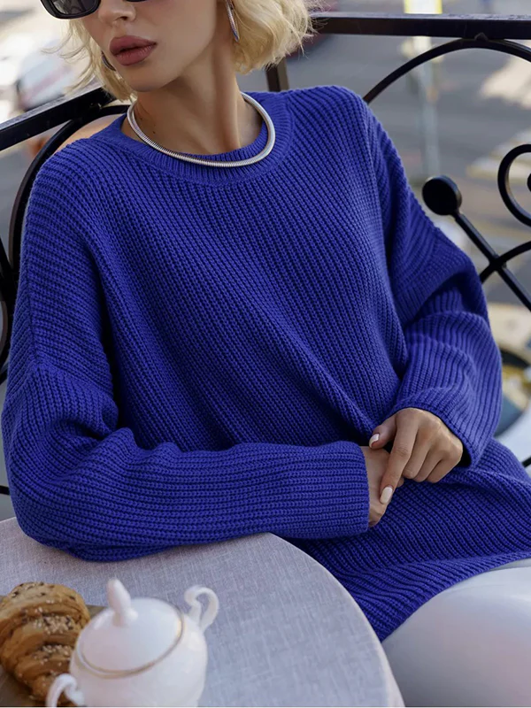 Long Sleeves Loose Solid Color Split-Joint Round-Neck Sweater Tops - Image 2