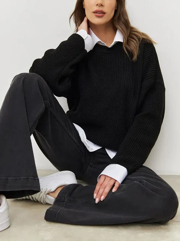 Long Sleeves Loose Solid Color Split-Joint Round-Neck Sweater Tops - Image 21