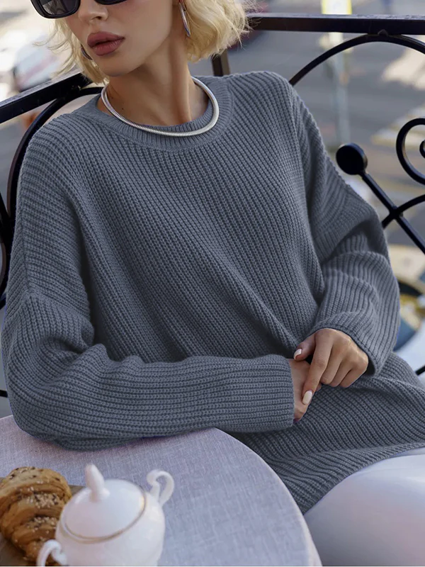 Long Sleeves Loose Solid Color Split-Joint Round-Neck Sweater Tops - Image 23