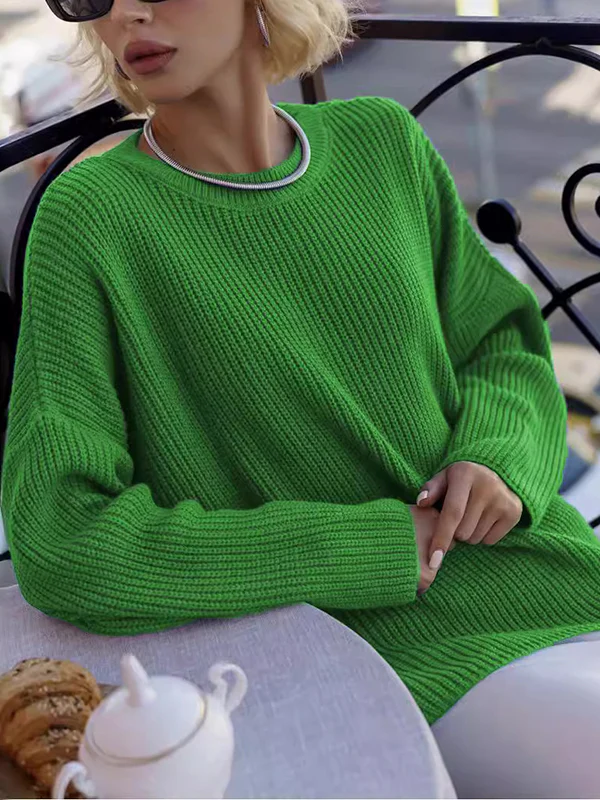 Long Sleeves Loose Solid Color Split-Joint Round-Neck Sweater Tops - Image 24