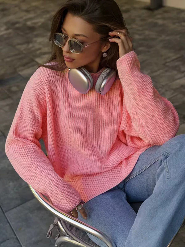 Long Sleeves Loose Solid Color Split-Joint Round-Neck Sweater Tops - Image 25