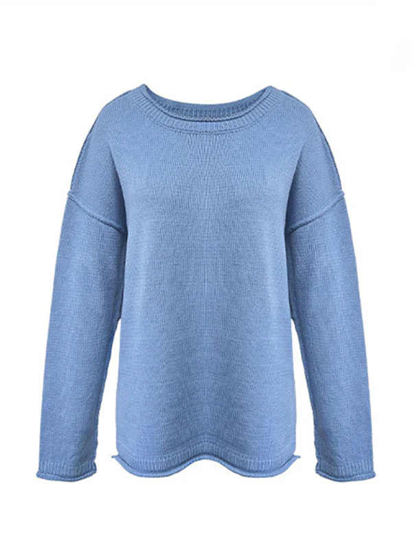 Long Sleeves Loose Solid Color Split-Joint Round-Neck Sweater Tops - Image 10