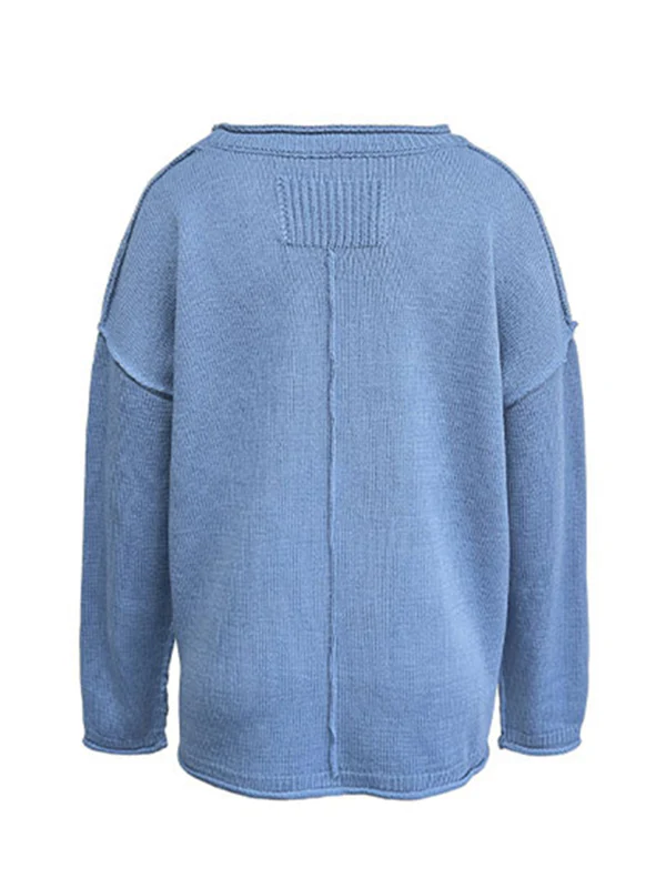Long Sleeves Loose Solid Color Split-Joint Round-Neck Sweater Tops - Image 11