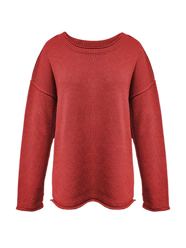 Long Sleeves Loose Solid Color Split-Joint Round-Neck Sweater Tops - Image 12