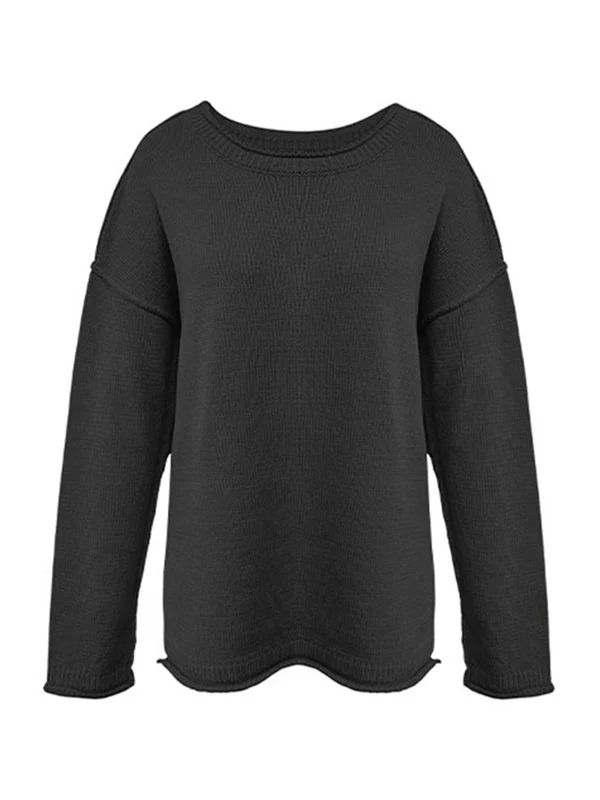 Long Sleeves Loose Solid Color Split-Joint Round-Neck Sweater Tops - Image 13