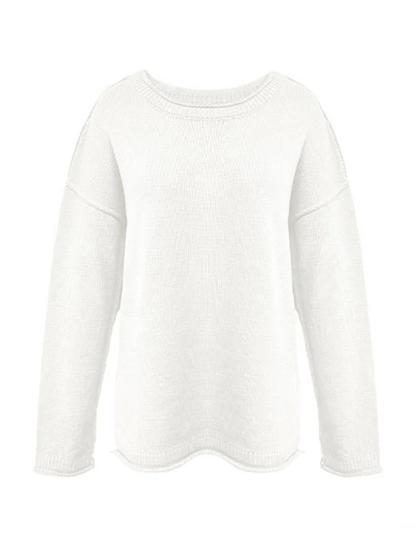 Long Sleeves Loose Solid Color Split-Joint Round-Neck Sweater Tops - Image 14