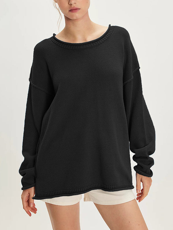 Long Sleeves Loose Solid Color Split-Joint Round-Neck Sweater Tops - Image 2