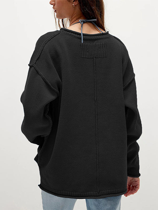 Long Sleeves Loose Solid Color Split-Joint Round-Neck Sweater Tops - Image 3