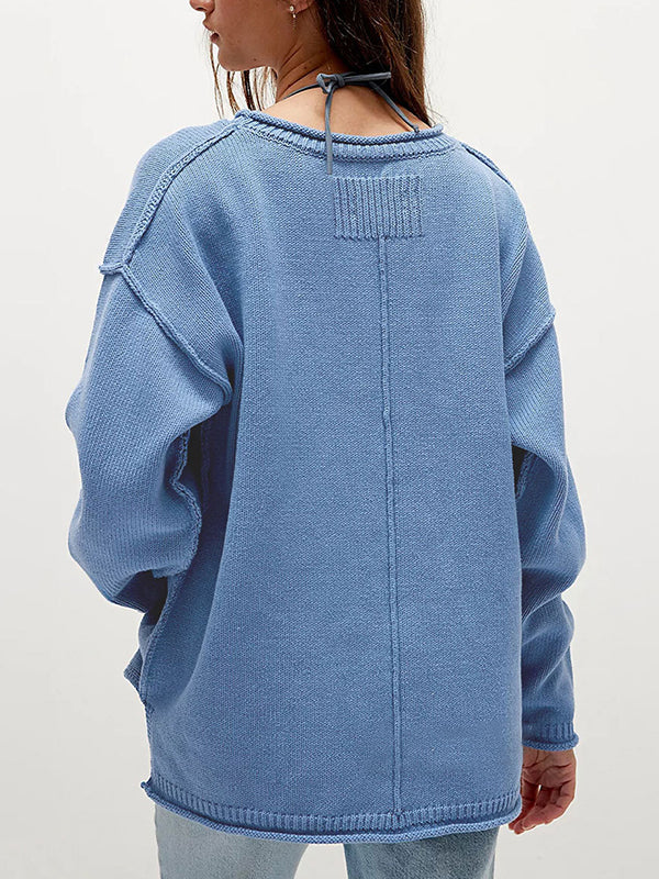 Long Sleeves Loose Solid Color Split-Joint Round-Neck Sweater Tops - Image 4