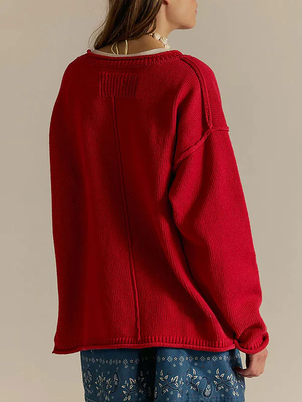Long Sleeves Loose Solid Color Split-Joint Round-Neck Sweater Tops - Image 5