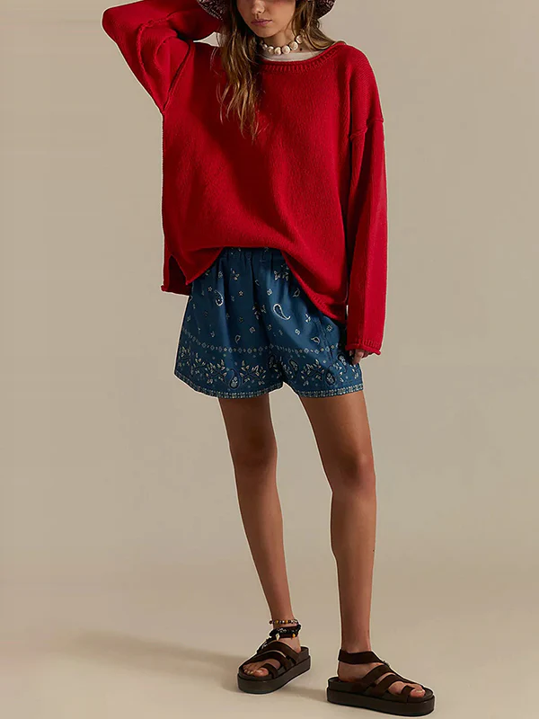 Long Sleeves Loose Solid Color Split-Joint Round-Neck Sweater Tops - Image 6