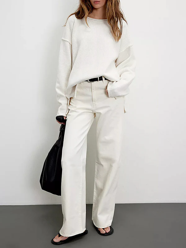 Long Sleeves Loose Solid Color Split-Joint Round-Neck Sweater Tops - Image 7