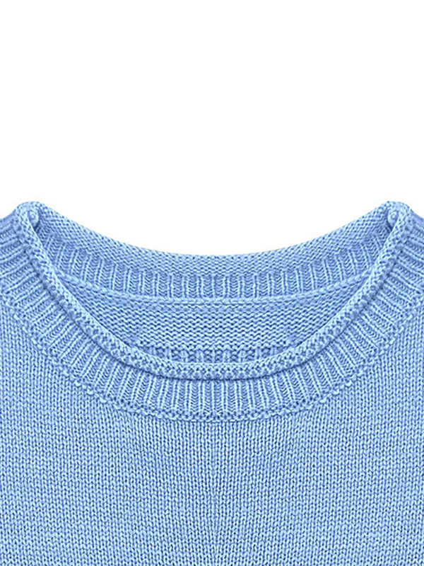 Long Sleeves Loose Solid Color Split-Joint Round-Neck Sweater Tops - Image 9