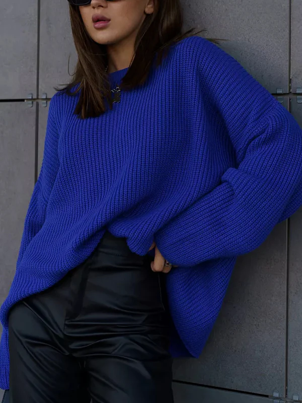 Long Sleeves Loose Solid Color Split-Joint Round-Neck Sweater Tops - Image 3