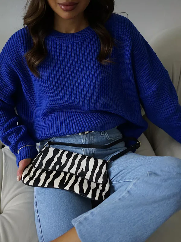 Long Sleeves Loose Solid Color Split-Joint Round-Neck Sweater Tops - Image 4