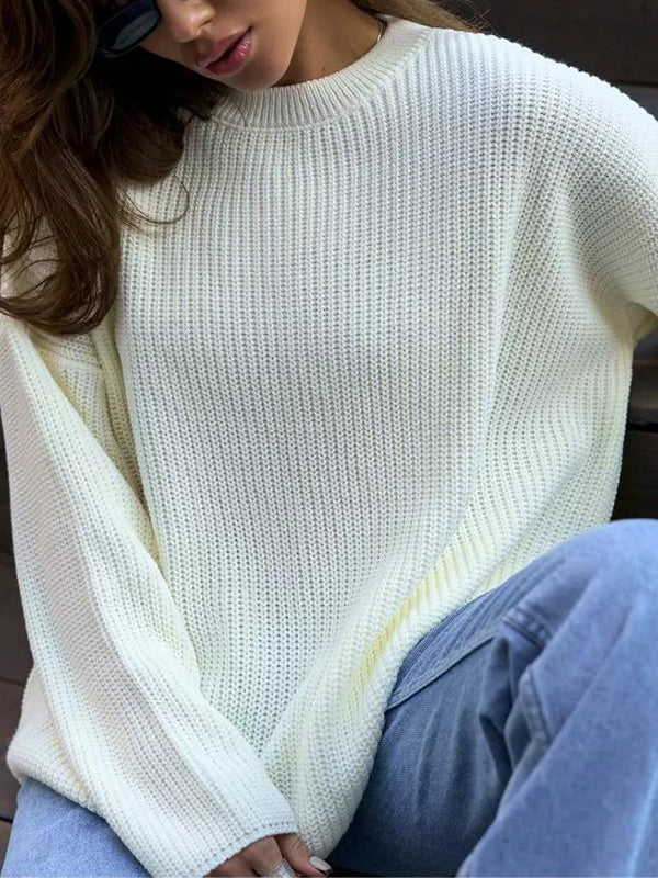 Long Sleeves Loose Solid Color Split-Joint Round-Neck Sweater Tops - Image 5