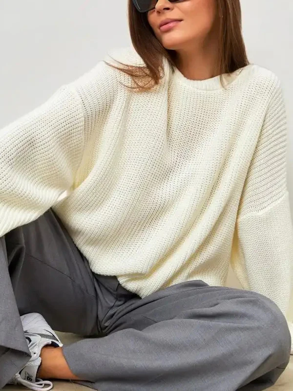 Long Sleeves Loose Solid Color Split-Joint Round-Neck Sweater Tops - Image 6