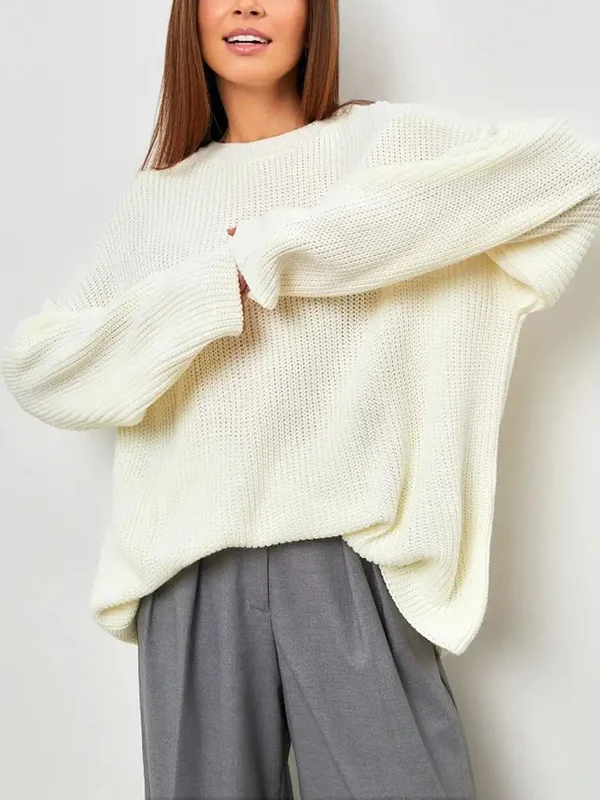 Long Sleeves Loose Solid Color Split-Joint Round-Neck Sweater Tops - Image 7