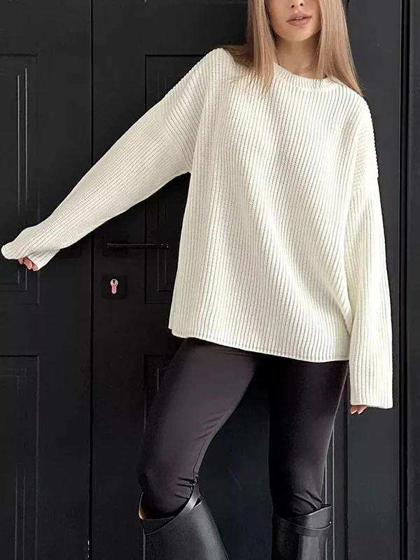 Long Sleeves Loose Solid Color Split-Joint Round-Neck Sweater Tops - Image 8