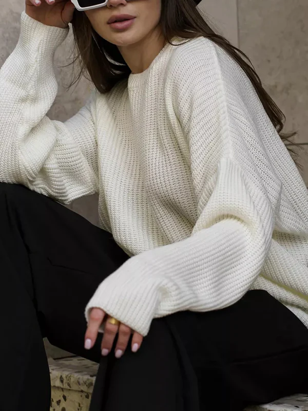 Long Sleeves Loose Solid Color Split-Joint Round-Neck Sweater Tops - Image 9