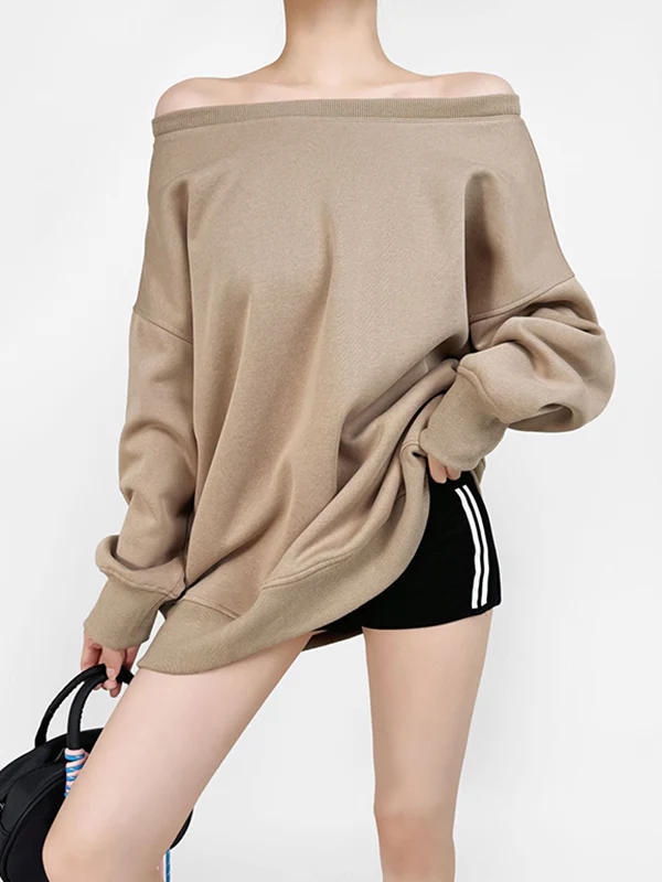 Long Sleeves Loose Solid Color Split-Joint Round-Neck Sweatshirt Tops - Image 11