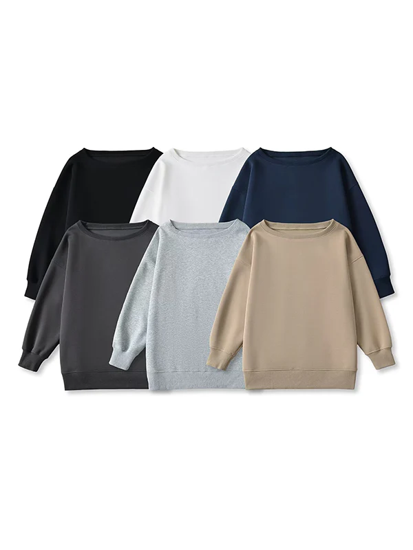 Long Sleeves Loose Solid Color Split-Joint Round-Neck Sweatshirt Tops - Image 15