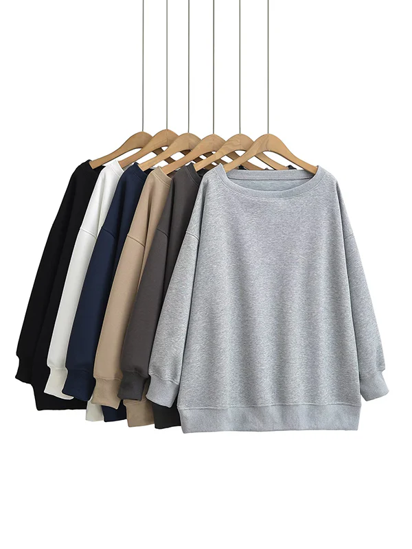 Long Sleeves Loose Solid Color Split-Joint Round-Neck Sweatshirt Tops - Image 16