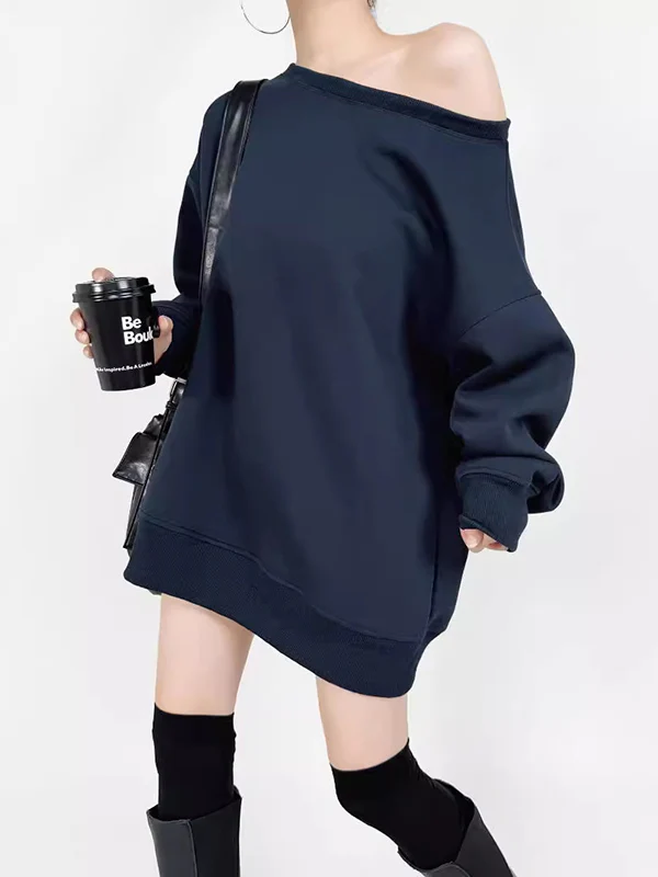 Long Sleeves Loose Solid Color Split-Joint Round-Neck Sweatshirt Tops - Image 2
