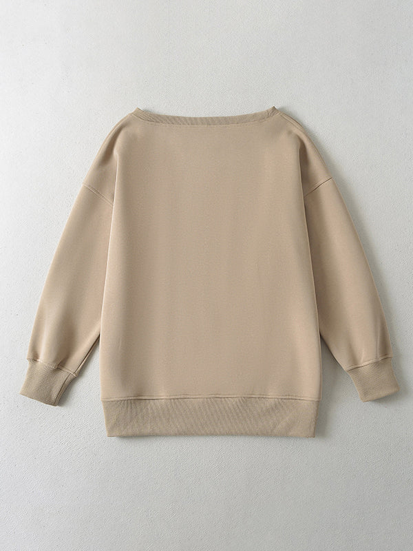 Long Sleeves Loose Solid Color Split-Joint Round-Neck Sweatshirt Tops - Image 23